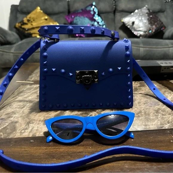 Blue Studded Women's Bag and blue sunglasses - Picture 6 of 7